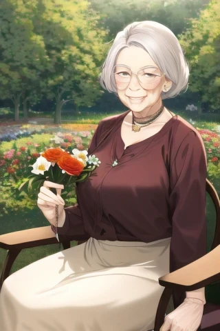 flower, laugh, elderly woman